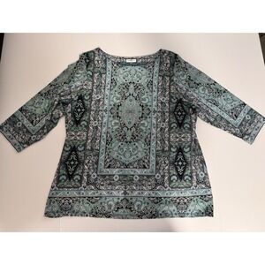 Charter Club 3/4-sleeve boat-neck top with a green and black paisley print 2X